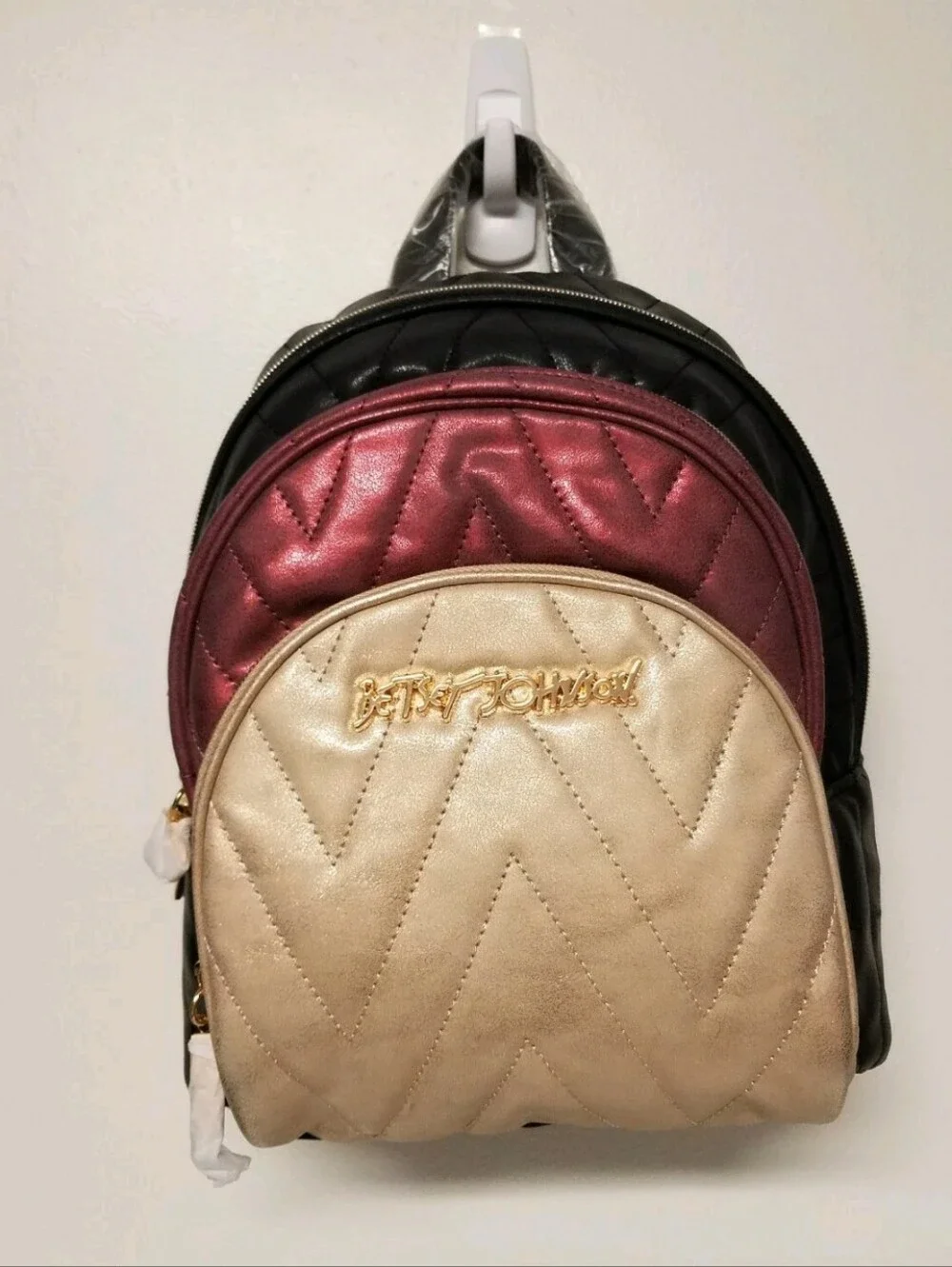 Betsey Johnson Backpack Handbag in Plum, Beige & Black -New
